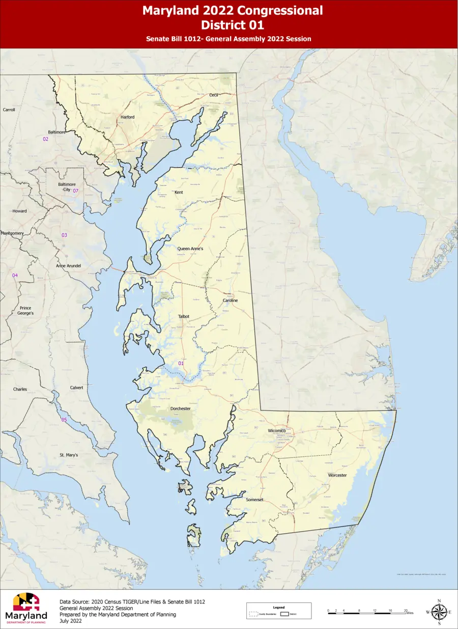 Official Maryland map of Congressional District 1, stretching from Harford County across the Eastern Shore to the Atlantic Ocean