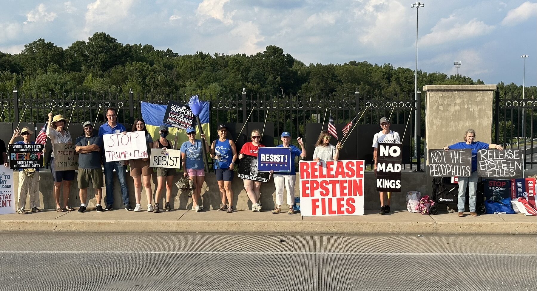 A group of democracy visibility volunteers standing on an overpass with signs and flags.
